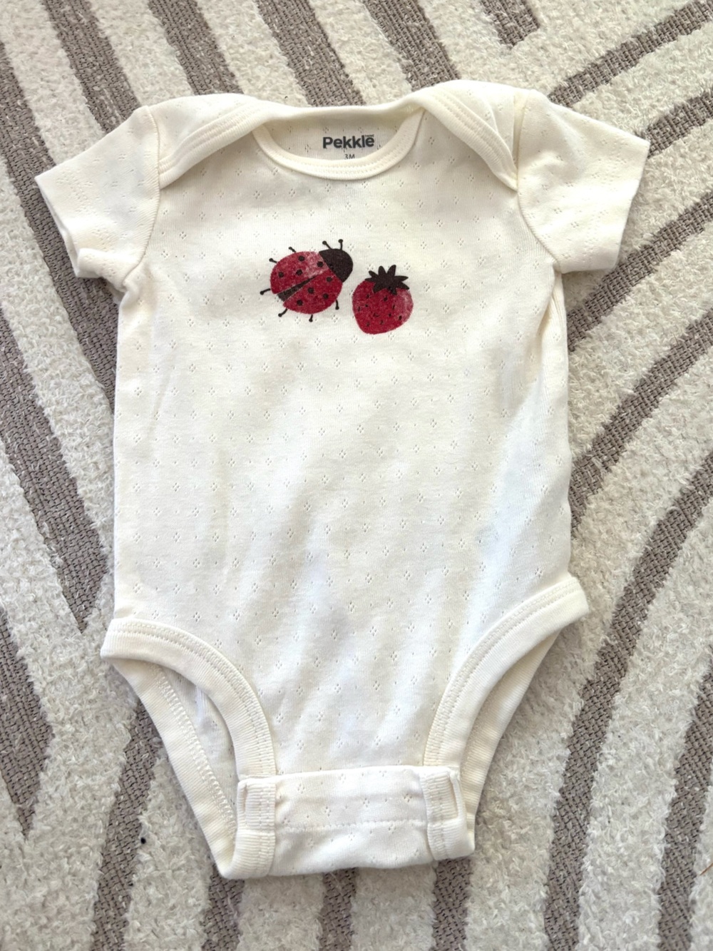 10/$15 Pekkle Cream Baby One-Piece with Red Strawberry & Ladybug Design